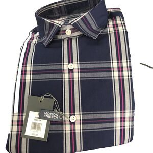 MADISON Men’s SLIM FIT Motion Button Down Navy Plaid Long Sleeve Shirt M